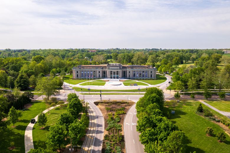 An aerial view shows the Missouri History Museum in Forest Park.
