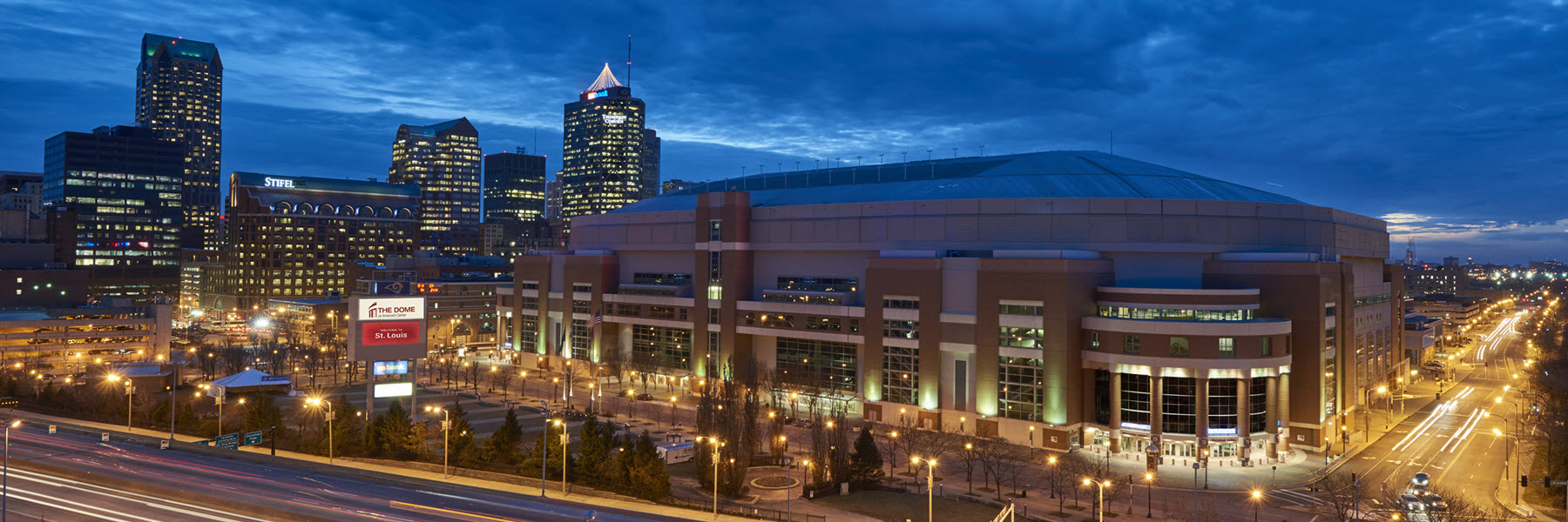 The Dome at America's Center in downtown St. Louis at dusk.