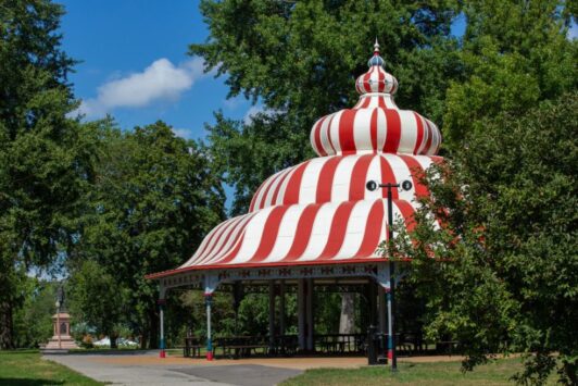 Beautifully ornate pavilions dot Tower Grove Park.